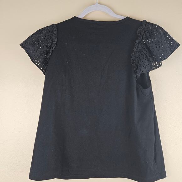 Kate Spade Black Eyelet Flutter Sleeve Tee Top Size Large - Picture 2 of 6